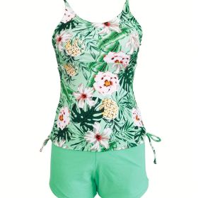 Floral & Plant All Over Print Drawstring Side Tank Top Solid Color Boxer Short Two Piece Tankini Sets Swimsuit, Women's Swimwear (Color: light green, size: XL(12))