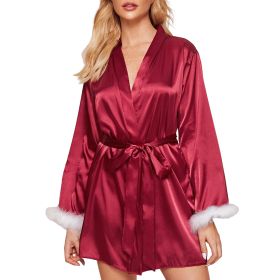 Women's Silky Kimono Robes with Fluff Bridesmaid Bride Satin Bathrobe (Color: RedM)