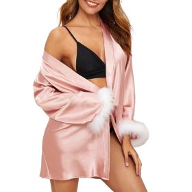 Women's Silky Kimono Robes with Fluff Bridesmaid Bride Satin Bathrobe (Color: PinkM)