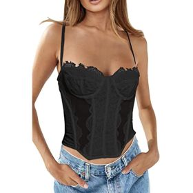 Womens Summer Lace Bustier Mesh Sexy Vintage Spaghetti Strap Open Back Boned Corset Going Out Party Crop Top (Color: brown, size: X-Large)