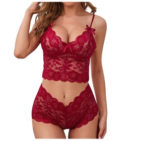 Sexy Women Lingerie Set Thin Lace Flower Printed Underwear Suit Female Adjustable Shoulder Strap Triangle Cup Bralettle (Color: red set)