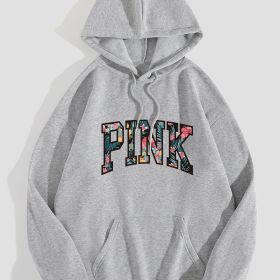 Letter Graphic Print Drawstring Loose Hoodie; Casual Hooded Pocket Fashion Long Sleeve Sweatshirt; Women's Clothing (Color: grey, size: S(4))