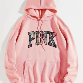 Letter Graphic Print Drawstring Loose Hoodie; Casual Hooded Pocket Fashion Long Sleeve Sweatshirt; Women's Clothing (Color: Pink, size: S(4))