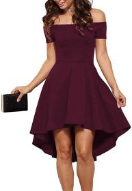 Womens Off The Shoulder Short Sleeve High Low Cocktail Skater Dress (Color: Burgundy, size: medium)