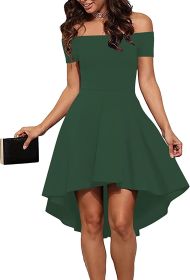 Womens Off The Shoulder Short Sleeve High Low Cocktail Skater Dress (Color: Green, size: XX-Large)