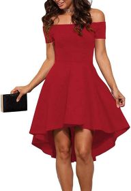 Womens Off The Shoulder Short Sleeve High Low Cocktail Skater Dress (Color: Red, size: XX-Large)