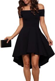 Womens Off The Shoulder Short Sleeve High Low Cocktail Skater Dress (Color: Black, size: X-Large)