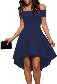 Womens Off The Shoulder Short Sleeve High Low Cocktail Skater Dress (Color: Darkblue, size: medium)