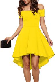 Womens Off The Shoulder Short Sleeve High Low Cocktail Skater Dress (Color: Yellow, size: small)