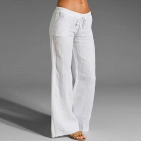 Women's Cotton Linen Wide Leg Pants Solid Casual Elastic Waist Long Trousers (Color: White, size: M)