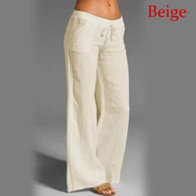 Women's Cotton Linen Wide Leg Pants Solid Casual Elastic Waist Long Trousers (Color: beige, size: M)