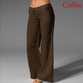 Women's Cotton Linen Wide Leg Pants Solid Casual Elastic Waist Long Trousers (Color: Coffee, size: M)