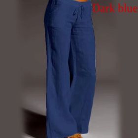 Women's Cotton Linen Wide Leg Pants Solid Casual Elastic Waist Long Trousers (Color: dark blue, size: M)