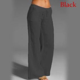 Women's Cotton Linen Wide Leg Pants Solid Casual Elastic Waist Long Trousers (Color: Black, size: M)