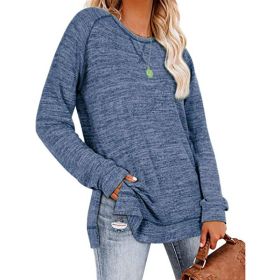 Women's Tops Neckline Crossing Loose Round Neck Long Sleeve Sweatshirt Blouse (Color: Blue, size: M)