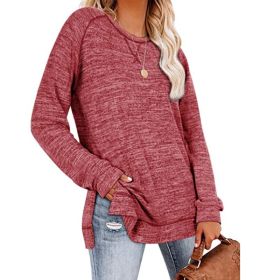 Women's Tops Neckline Crossing Loose Round Neck Long Sleeve Sweatshirt Blouse (Color: Burgundy, size: M)