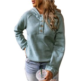 new sweater women's autumn and winter new solid color button half cardigan long sleeve hooded hoodie (Color: Blue, size: XXXL)