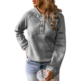 new sweater women's autumn and winter new solid color button half cardigan long sleeve hooded hoodie (Color: Gray, size: M)