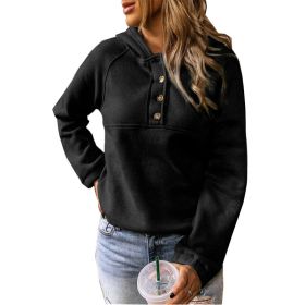 new sweater women's autumn and winter new solid color button half cardigan long sleeve hooded hoodie (Color: Black, size: M)