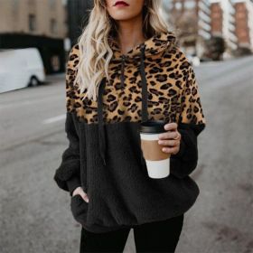 Leopard Zip Up Hoodie Woman Plush Long Sleeve Draw String Women Hooded Sweatshirts Autumn Winter Fashion Pocket Ladies Tops (Color: HFG4319-black, size: M)