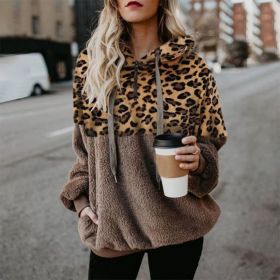 Leopard Zip Up Hoodie Woman Plush Long Sleeve Draw String Women Hooded Sweatshirts Autumn Winter Fashion Pocket Ladies Tops (Color: HFG4319-Red Khaki, size: M)