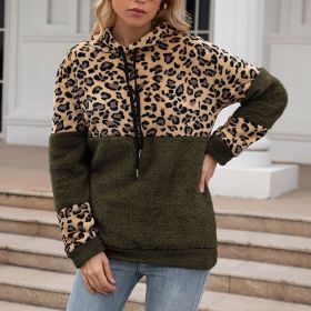 Leopard Zip Up Hoodie Woman Plush Long Sleeve Draw String Women Hooded Sweatshirts Autumn Winter Fashion Pocket Ladies Tops (Color: HFG4200-Army Green, size: M)