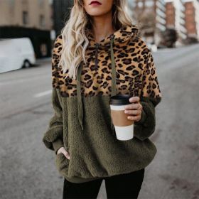 Leopard Zip Up Hoodie Woman Plush Long Sleeve Draw String Women Hooded Sweatshirts Autumn Winter Fashion Pocket Ladies Tops (Color: HFG4319-Olive green, size: M)