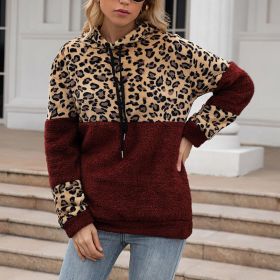 Leopard Zip Up Hoodie Woman Plush Long Sleeve Draw String Women Hooded Sweatshirts Autumn Winter Fashion Pocket Ladies Tops (Color: HFG4200-Wine red, size: M)