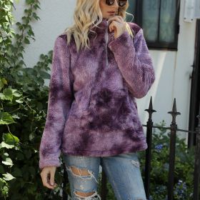 autumn and winter new women's sweater tie-dye zipper stand-up collar pocket long-sleeved plush hoodie (Color: Purple, size: M)