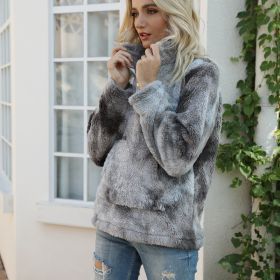 autumn and winter new women's sweater tie-dye zipper stand-up collar pocket long-sleeved plush hoodie (Color: Gray, size: M)