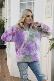 autumn and winter new women's sweater tie-dye zipper stand-up collar pocket long-sleeved plush hoodie (Color: gray&purple, size: M)