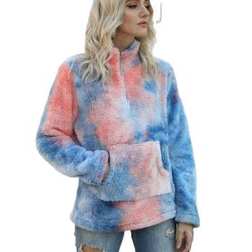 autumn and winter new women's sweater tie-dye zipper stand-up collar pocket long-sleeved plush hoodie (Color: Blue, size: M)