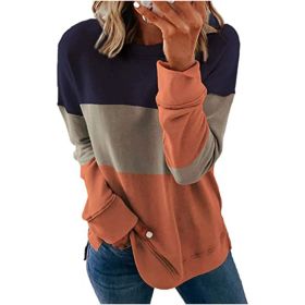 European and American women's new sweater stitching contrast color round neck long sleeve casual loose thin hoodie (Color: dark blue, size: M)