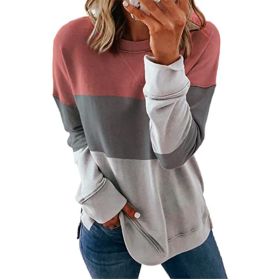 European and American women's new sweater stitching contrast color round neck long sleeve casual loose thin hoodie (Color: Pink, size: M)