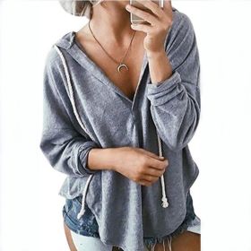 Womens V Neck Hoodie Sweatshirts Pullover Tunics Long Sleeve Blouese (Color: Gray, size: L)