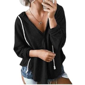 Womens V Neck Hoodie Sweatshirts Pullover Tunics Long Sleeve Blouese (Color: Black, size: 2XL)