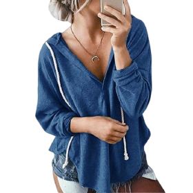 Womens V Neck Hoodie Sweatshirts Pullover Tunics Long Sleeve Blouese (Color: Blue, size: M)