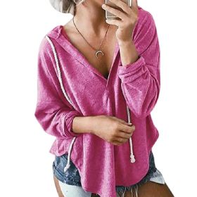 Womens V Neck Hoodie Sweatshirts Pullover Tunics Long Sleeve Blouese (Color: Rose, size: L)