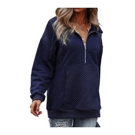 Women Half-Zip Hoodies Pullover Sweatshirts Top with Pockets (Color: Navy, size: US-S)