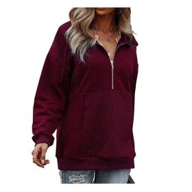 Women Half-Zip Hoodies Pullover Sweatshirts Top with Pockets (Color: Red, size: US-XL)