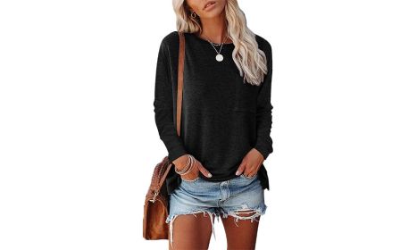 Women Casual Loose Long Sleeve Crewneck Tops Pullover Sweatshirts For Women (Color: Black, size: M)