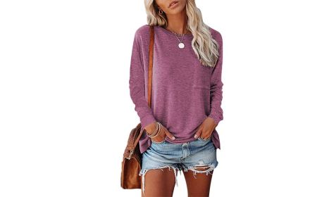 Women Casual Loose Long Sleeve Crewneck Tops Pullover Sweatshirts For Women (Color: Purple Red, size: L)