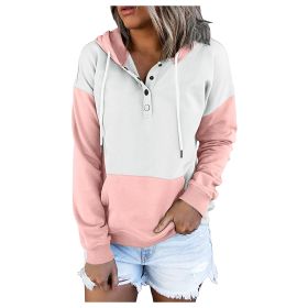 Winter New Style Contrast Stitching Loose Hooded Sweatshirts Women Casual Button Pullover Hooded Hoodies Outwear (Color: Pink, size: M)