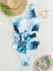 Plus Size Tie Dye Print Side Knot One Shoulder One Piece Swimsuit; Women's Plus Medium Stretch Elegant One Piece Bathing Suit