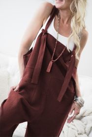 Women Fashion Literature Retro Cotton Linen Bib Pants Casual Loose Sleeveless Long Jumpsuit Spaghetti Strap Harem Trousers (Color: Coffee, size: M)