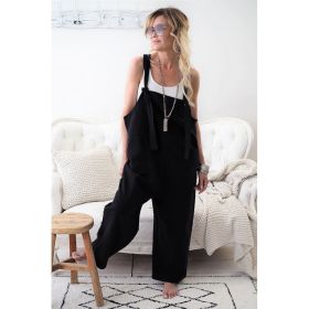 Women Fashion Literature Retro Cotton Linen Bib Pants Casual Loose Sleeveless Long Jumpsuit Spaghetti Strap Harem Trousers (Color: Black, size: M)